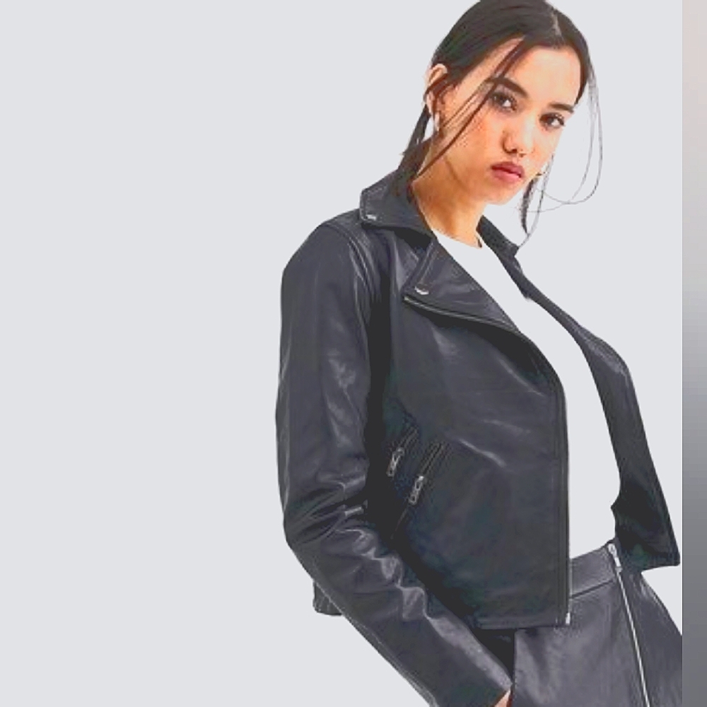 Muubaa Classic Leather Biker Jacket in Navy size UK 8 US 4 XS